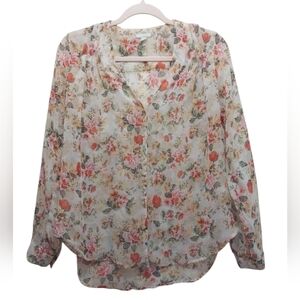 Pleione sheer top women's blouse size large Floral
